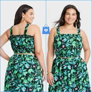 2X - Womens Linen Cropped Tank Top - Ava Viv - Multi Green